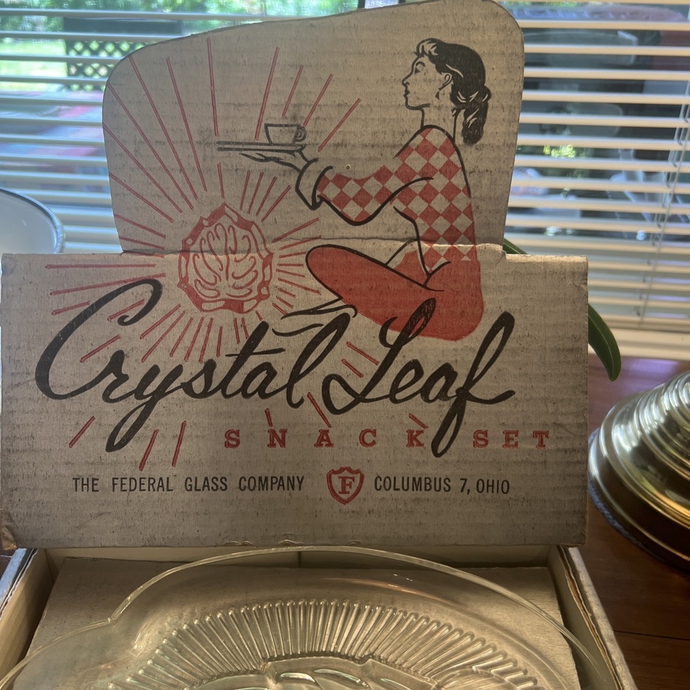 Vintage Woolworth's Federal Glass Snack Set Crystal Leaf 1959, 4 Place Settings